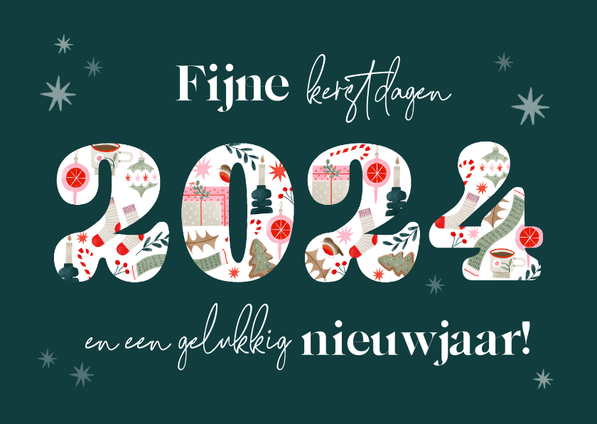 Nieuwjaarskaarten - Nieuwjaarskaart met jaartal vrolijke illustraties sterren