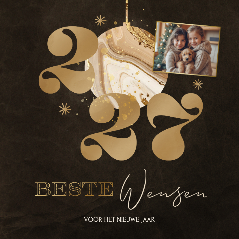Nieuwjaarskaarten - Nieuwjaarskaart met marmer kerstbal 2027