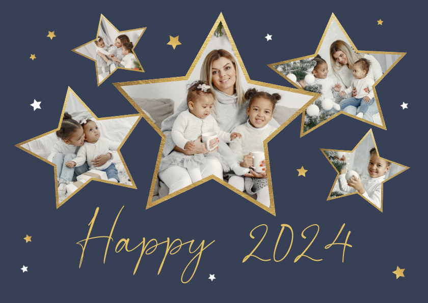 Nieuwjaarskaarten - Nieuwjaarskaart met sterren fotocollage goudlook