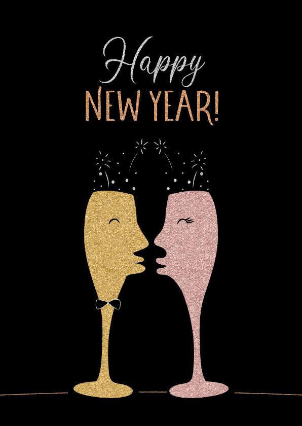 Nieuwjaarskaarten - Nieuwjaarskaart met verliefde champagneglazen in glitters