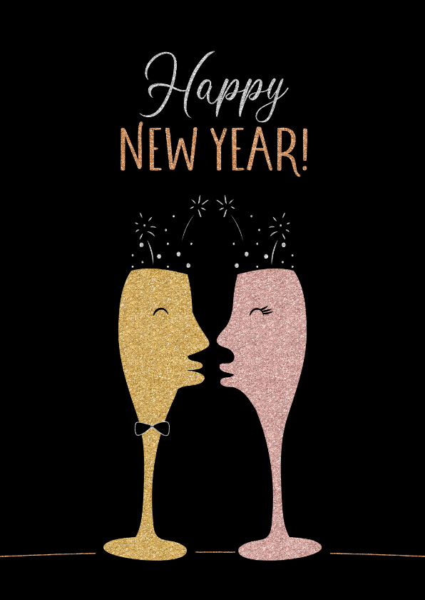 Nieuwjaarskaart met verliefde champagneglazen in glitters - Nieuwjaarskaarten Nieuwjaarskaarten - Nieuwjaarskaart met verliefde champagneglazen in glitters