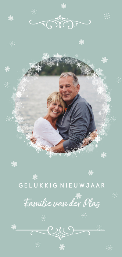Nieuwjaarskaart met zachtgroene achtergrond en sneeuwsterren - Nieuwjaarskaarten Nieuwjaarskaarten - Nieuwjaarskaart met zachtgroene achtergrond en sneeuwsterren