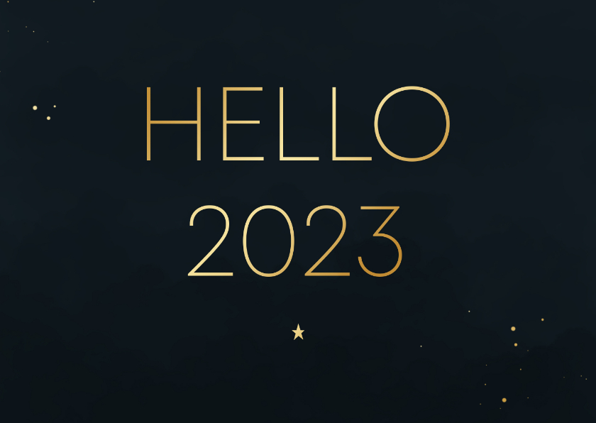 Nieuwjaarskaarten - Nieuwjaarskaart minimalistisch blauw hello 2023 goudlook