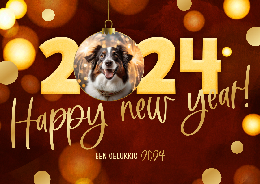Nieuwjaarskaarten - Nieuwjaarskaart modern 2024 rood kerstbal goud met foto