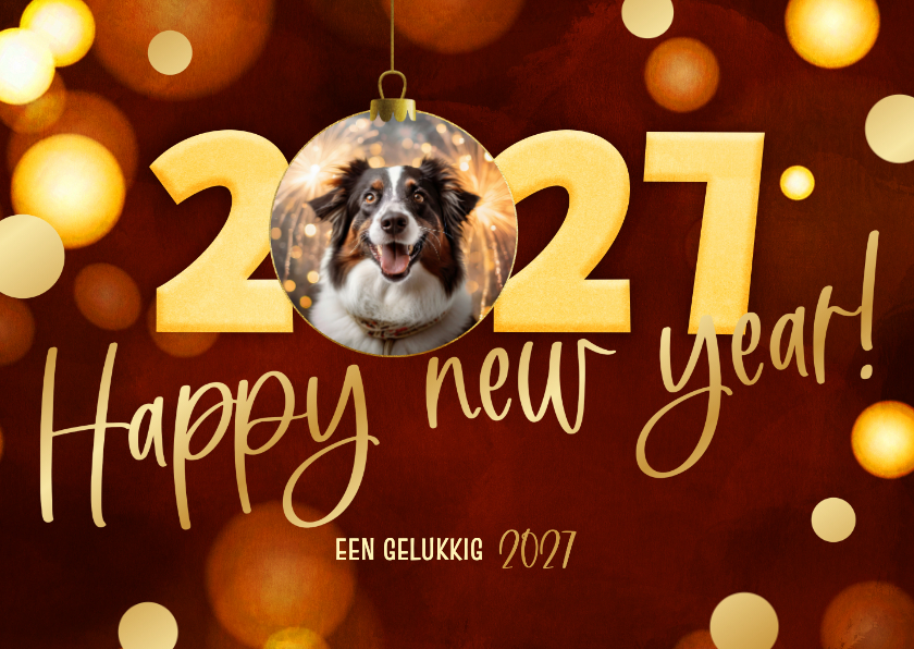 Nieuwjaarskaart modern 2027 rood kerstbal goud met foto - Nieuwjaarskaarten Nieuwjaarskaarten - Nieuwjaarskaart modern 2027 rood kerstbal goud met foto