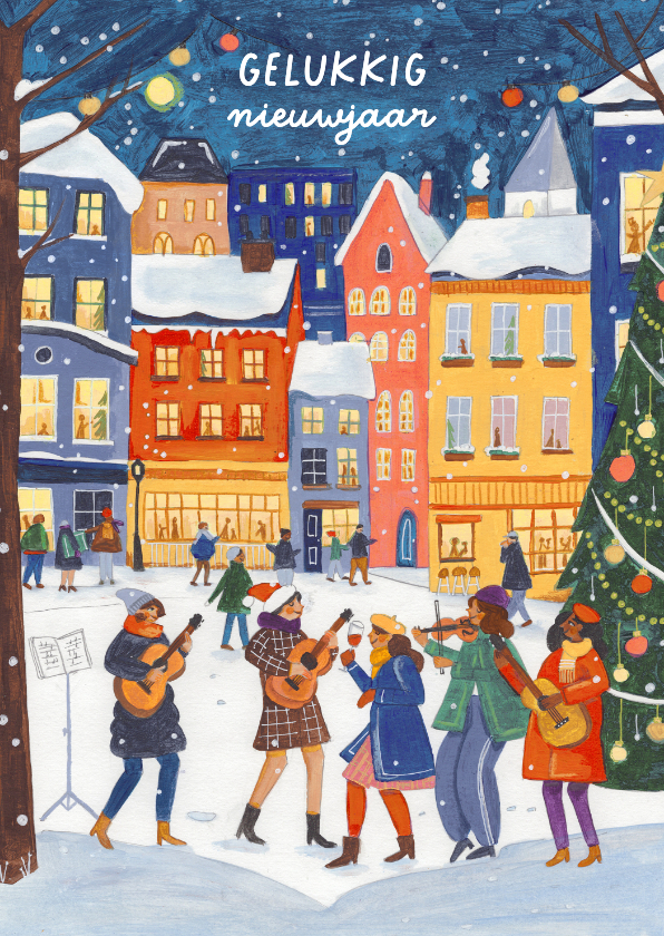 Nieuwjaarskaarten - Nieuwjaarskaart muziek in de stad in de sneeuw