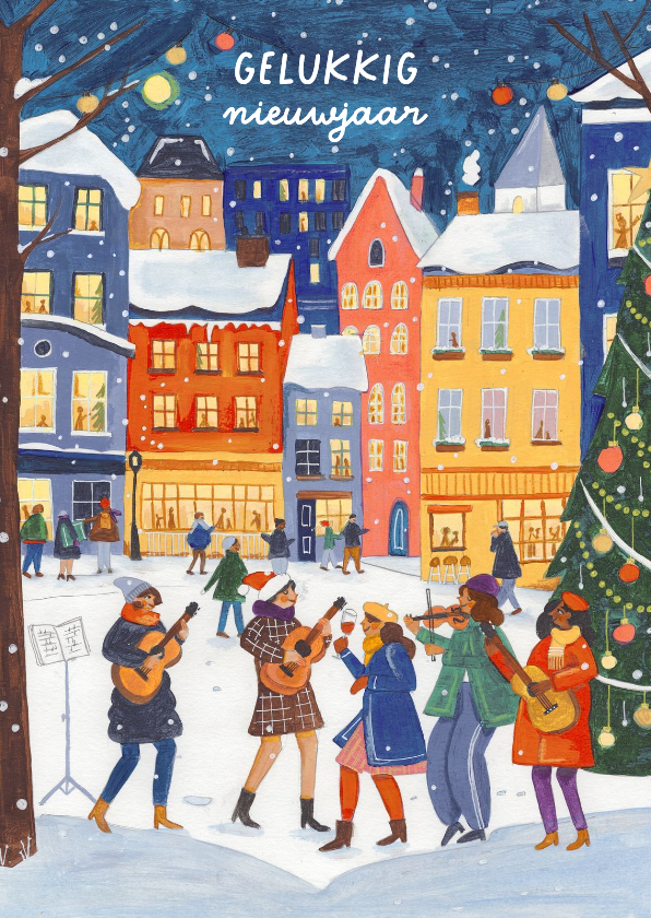 Nieuwjaarskaart muziek in de stad in de sneeuw - Nieuwjaarskaarten Nieuwjaarskaarten - Nieuwjaarskaart muziek in de stad in de sneeuw