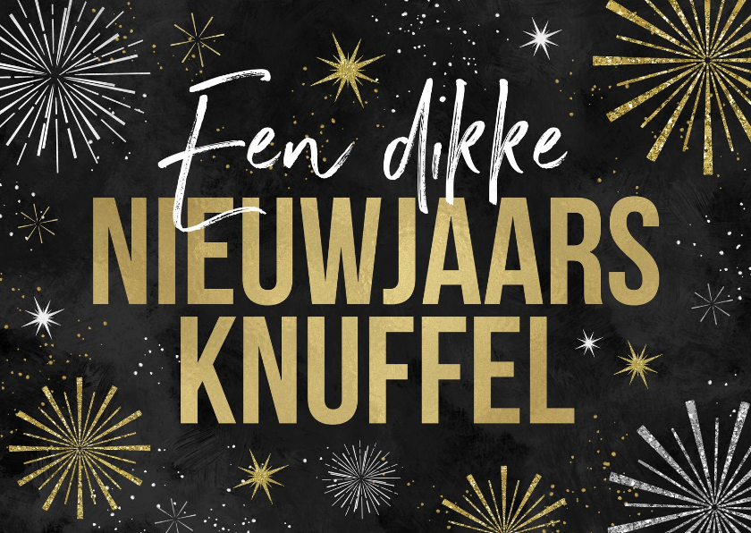 Nieuwjaarskaarten - Nieuwjaarskaart nieuwjaarsknuffel vuurwerk sterren oliebol