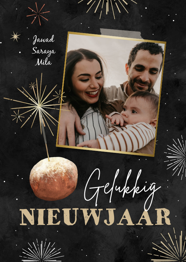 Nieuwjaarskaarten - Nieuwjaarskaart oliebol vuurwerk sterretje foto