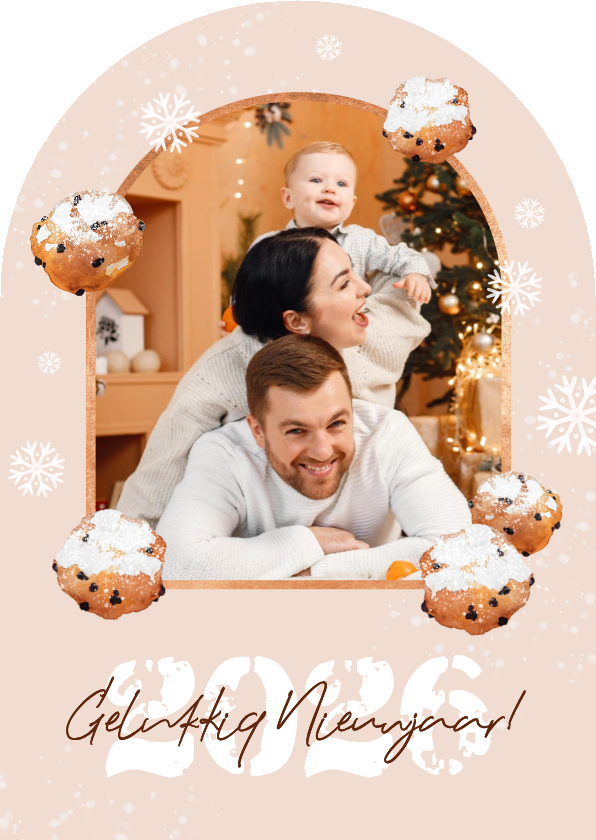 Nieuwjaarskaarten - Nieuwjaarskaart oliebollen boogvorm sneeuw foto