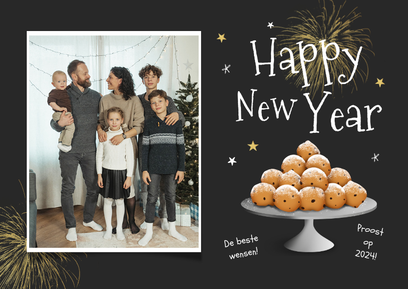 Nieuwjaarskaart oliebollen happy new year foto sterren - Nieuwjaarskaarten Nieuwjaarskaarten - Nieuwjaarskaart oliebollen happy new year foto sterren