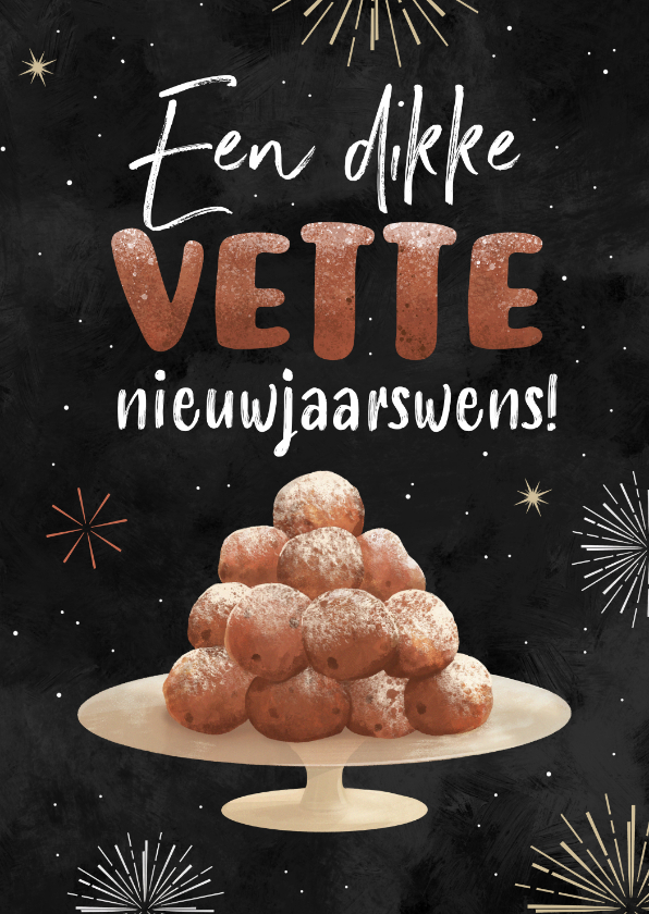 Nieuwjaarskaarten - Nieuwjaarskaart oliebollen vuurwerk sterren grappig