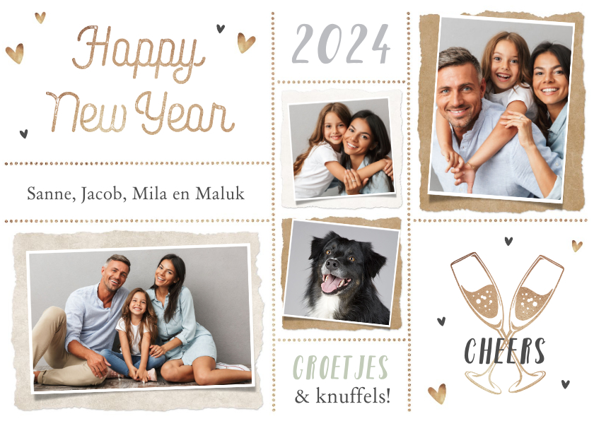 Nieuwjaarskaart persoonlijk hartjes foto's champagne liefde - Nieuwjaarskaarten Nieuwjaarskaarten - Nieuwjaarskaart persoonlijk hartjes foto's champagne liefde