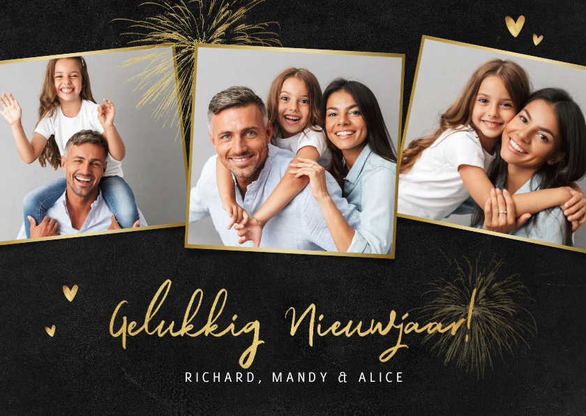 Nieuwjaarskaart persoonlijk hartjes foto's goud vuurwerk - Nieuwjaarskaarten Nieuwjaarskaarten - Nieuwjaarskaart persoonlijk hartjes foto's goud vuurwerk