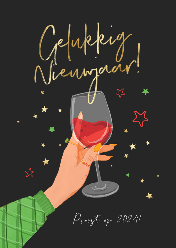 Nieuwjaarskaarten - Nieuwjaarskaart rode wijn proost sterren goud cheers