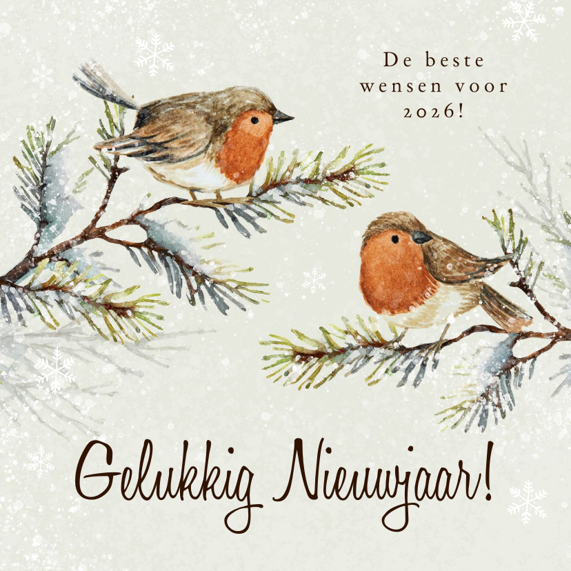 Nieuwjaarskaarten - Nieuwjaarskaart roodborstjes sneeuw natuurlijk waterverf