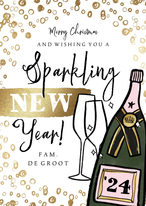Nieuwjaarskaarten - Nieuwjaarskaart 'Sparkling New Year' champagnefles goud