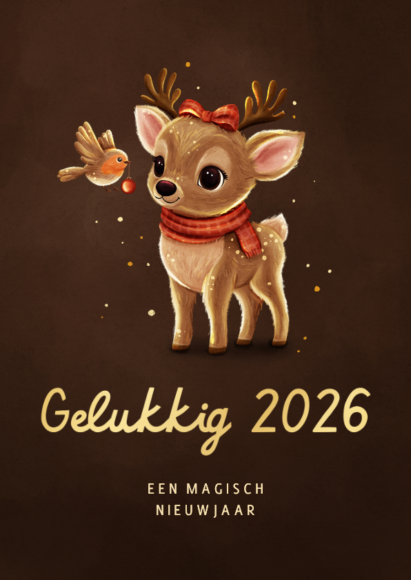 Nieuwjaarskaarten - Nieuwjaarskaart sprankelend hert met roodborstje 