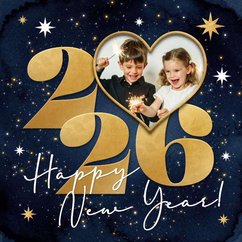 Nieuwjaarskaarten - Nieuwjaarskaart sterren goud 2026 foto vuurwerk hart