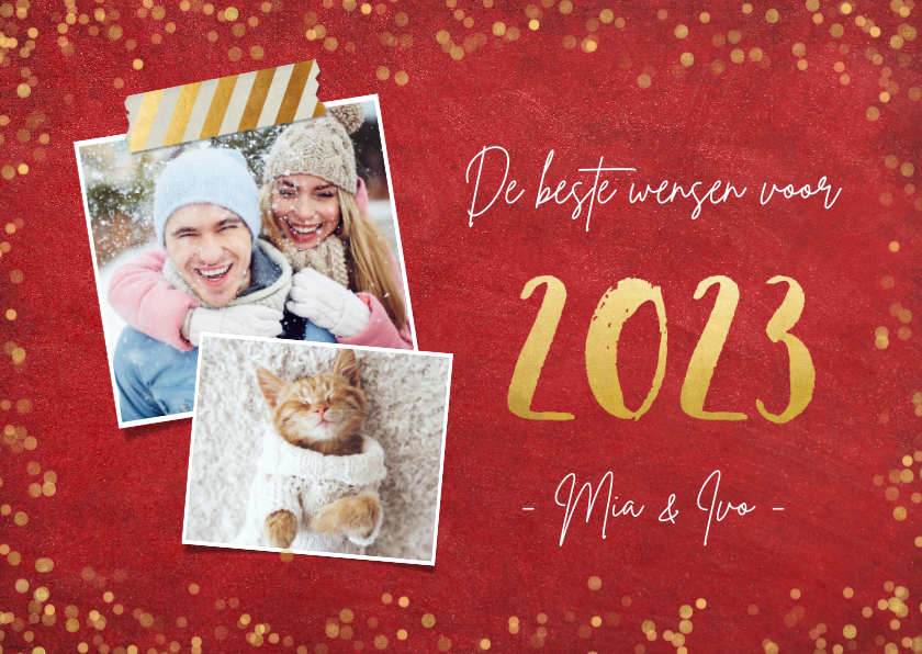 Nieuwjaarskaarten - Nieuwjaarskaart stijlvol 2023 goud en rode achtergrond