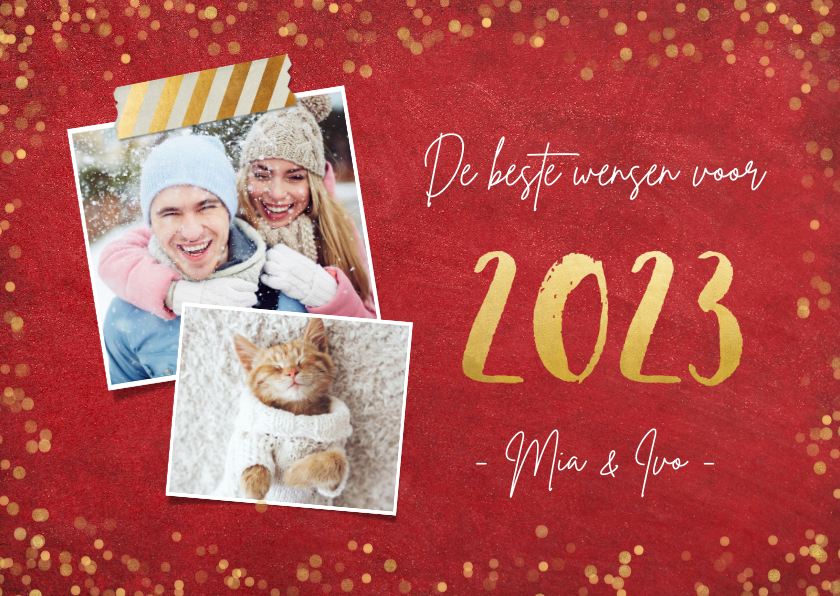 Nieuwjaarskaart stijlvol 2023 goud en rode achtergrond - Nieuwjaarskaarten Nieuwjaarskaarten - Nieuwjaarskaart stijlvol 2023 goud en rode achtergrond
