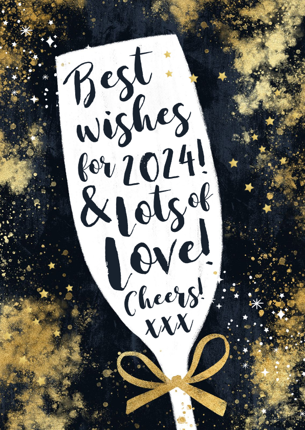Nieuwjaarskaarten - Nieuwjaarskaart typografisch champagneglas goud sterren