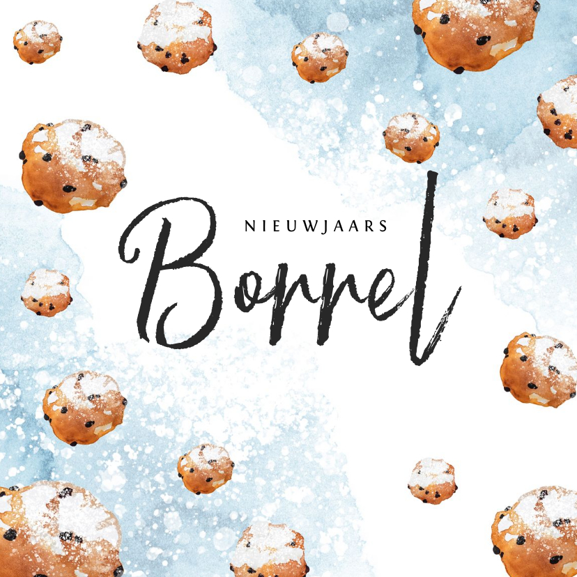 Nieuwjaarskaart uitnodiging borrel waterverf oliebollen - Nieuwjaarskaarten Nieuwjaarskaarten - Nieuwjaarskaart uitnodiging borrel waterverf oliebollen