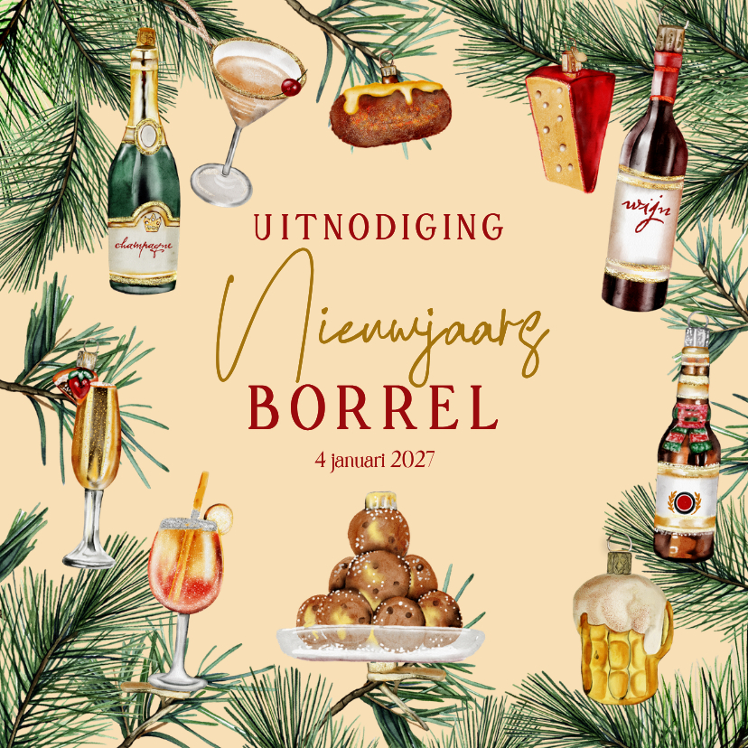 Nieuwjaarskaart uitnodiging ornamenten drank en hapjes - Nieuwjaarskaarten Nieuwjaarskaarten - Nieuwjaarskaart uitnodiging ornamenten drank en hapjes