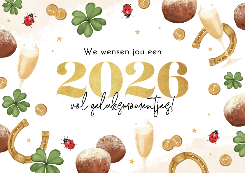 Nieuwjaarskaarten - Nieuwjaarskaart vol gelukssymbolen vrolijk illustraties