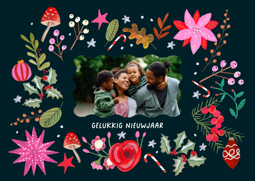 Nieuwjaarskaart vrolijke bloemen modern roze - Nieuwjaarskaarten Nieuwjaarskaarten - Nieuwjaarskaart vrolijke bloemen modern roze