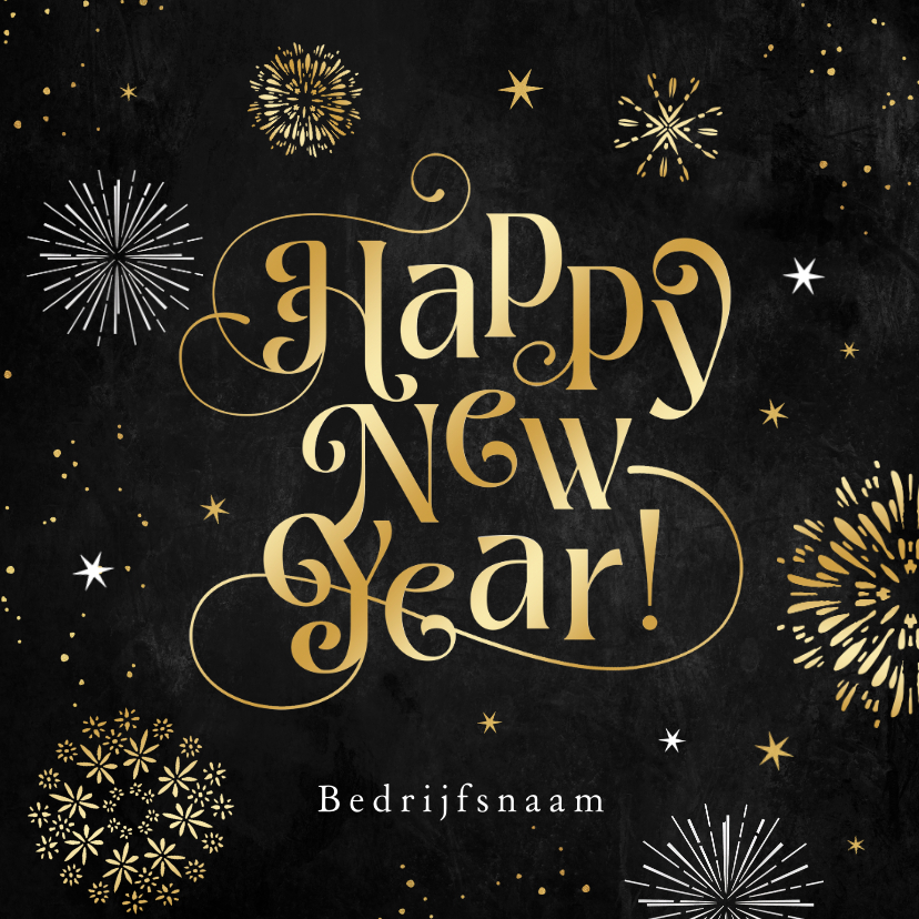 Nieuwjaarskaarten - Nieuwjaarskaart vuurwerk goud sterren stijlvolle typografie
