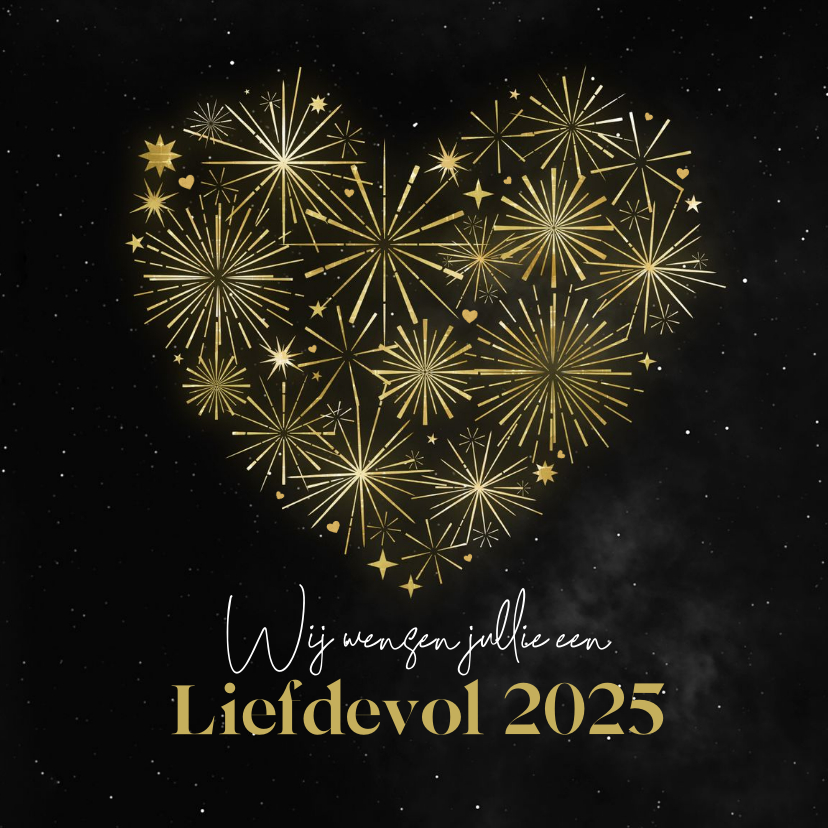 Nieuwjaarskaart vuurwerk hart sterren 2025 Kaartje2go