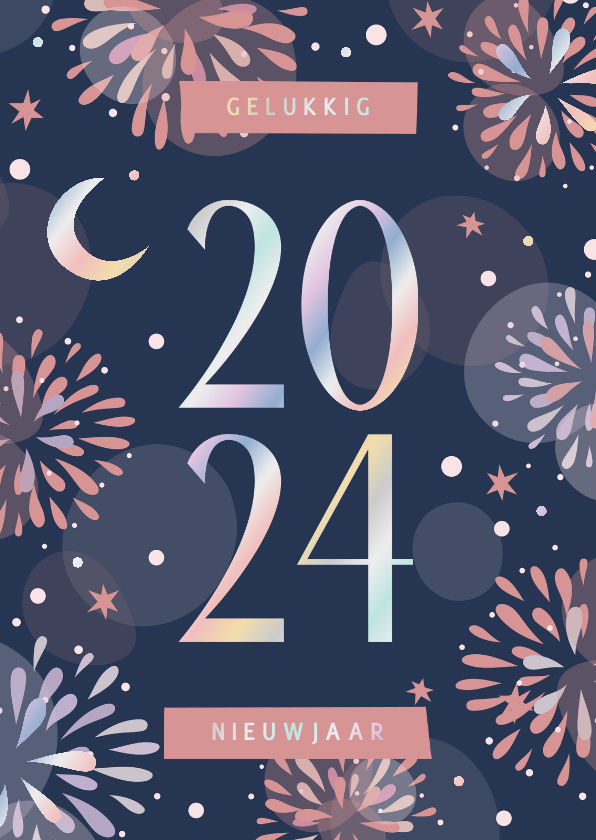 Nieuwjaarskaarten - Nieuwjaarskaart vuurwerk holografisch 2024