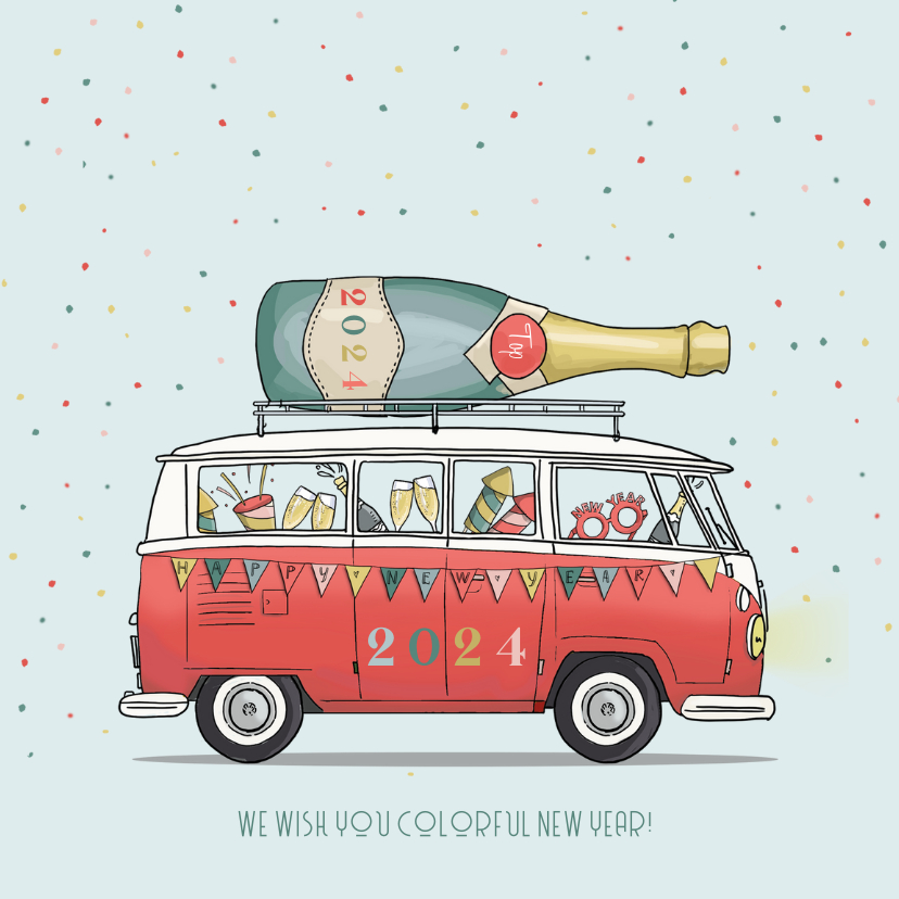 Nieuwjaarskaart vwbusje rood met champagne fles - Nieuwjaarskaarten Nieuwjaarskaarten - Nieuwjaarskaart vwbusje rood met champagne fles