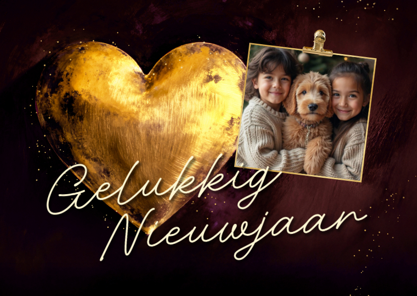 Nieuwjaarskaarten - Nieuwjaarskaart waterverf foto gouden hart rood