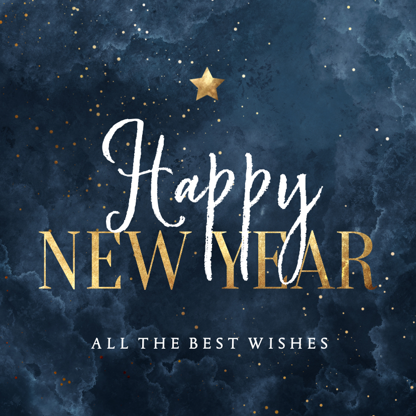Nieuwjaarskaarten - Nieuwjaarskaart waterverf wolkjes Happy New Year met ster