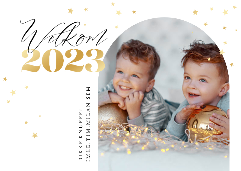 Nieuwjaarskaart welkom 2023 goud sterren foto - Nieuwjaarskaarten Nieuwjaarskaarten - Nieuwjaarskaart welkom 2023 goud sterren foto
