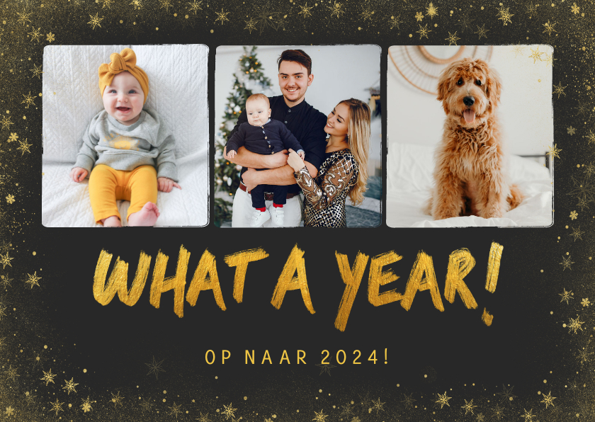 Nieuwjaarskaarten - Nieuwjaarskaart What a year met fotocollage