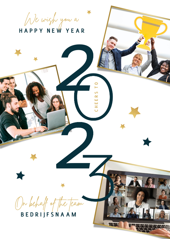 Nieuwjaarskaart zakelijk 2023 sterren fotocollage goud - Nieuwjaarskaarten Nieuwjaarskaarten - Nieuwjaarskaart zakelijk 2023 sterren fotocollage goud