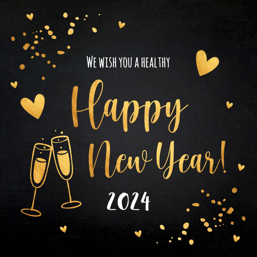 Nieuwjaarskaarten - Nieuwjaarskaart zwart goudlook champagne hartjes