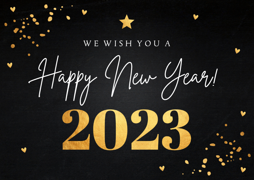 Nieuwjaarskaart zwart goudlook confetti 2023 - Nieuwjaarskaarten Nieuwjaarskaarten - Nieuwjaarskaart zwart goudlook confetti 2023