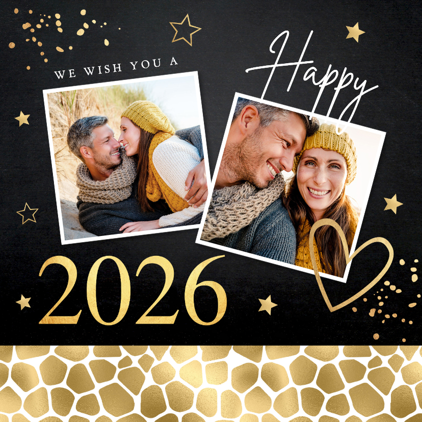 Nieuwjaarskaart zwart goudlook panterprint foto 2026 - Nieuwjaarskaarten Nieuwjaarskaarten - Nieuwjaarskaart zwart goudlook panterprint foto 2026