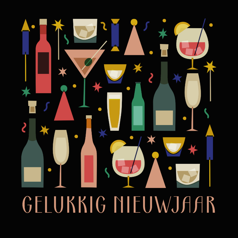 Nieuwjaarskaarten - Nieuwjaarskaart zwart met champagne drank en glazen