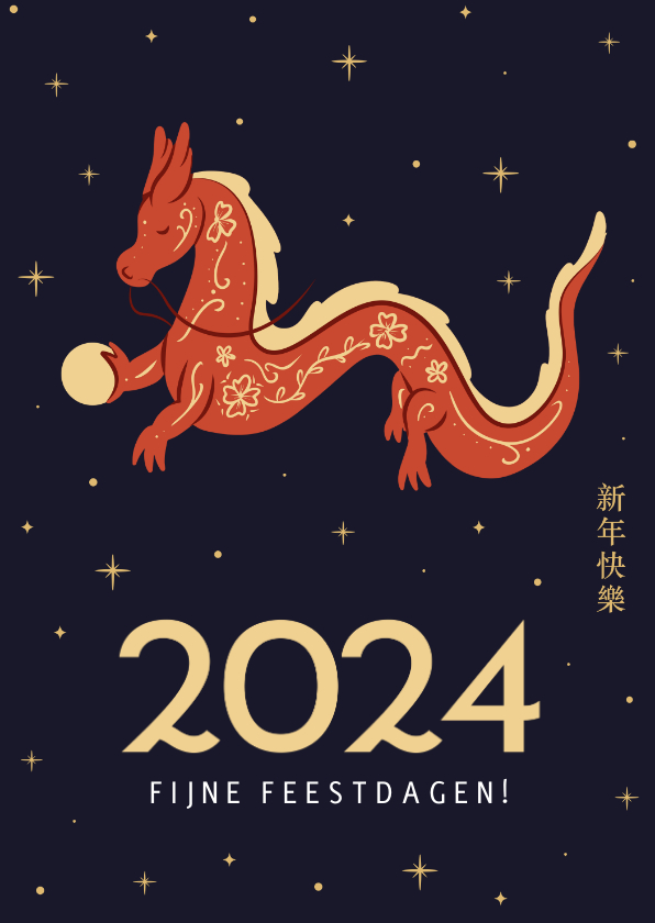 Nieuwjaarskaarten - Nieuwjaarskaartje Chinees met draak en sterretjes