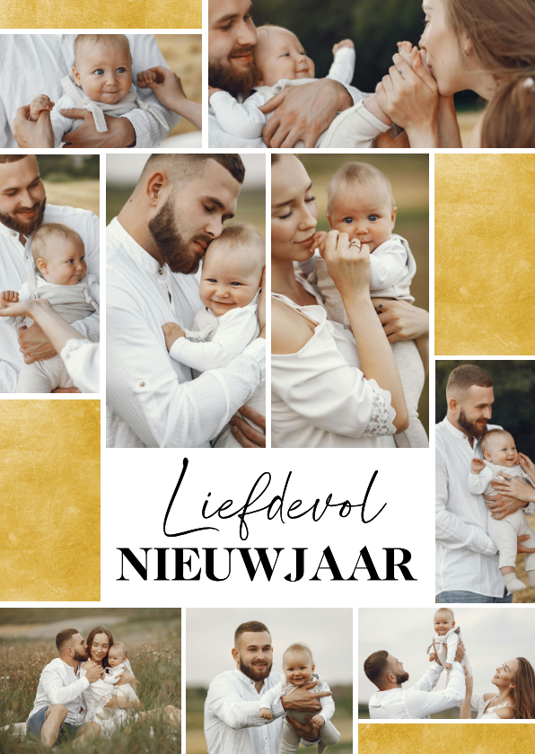 Nieuwjaarskaartje fotocollage liefdevol nieuwjaar goud - Nieuwjaarskaarten Nieuwjaarskaarten - Nieuwjaarskaartje fotocollage liefdevol nieuwjaar goud