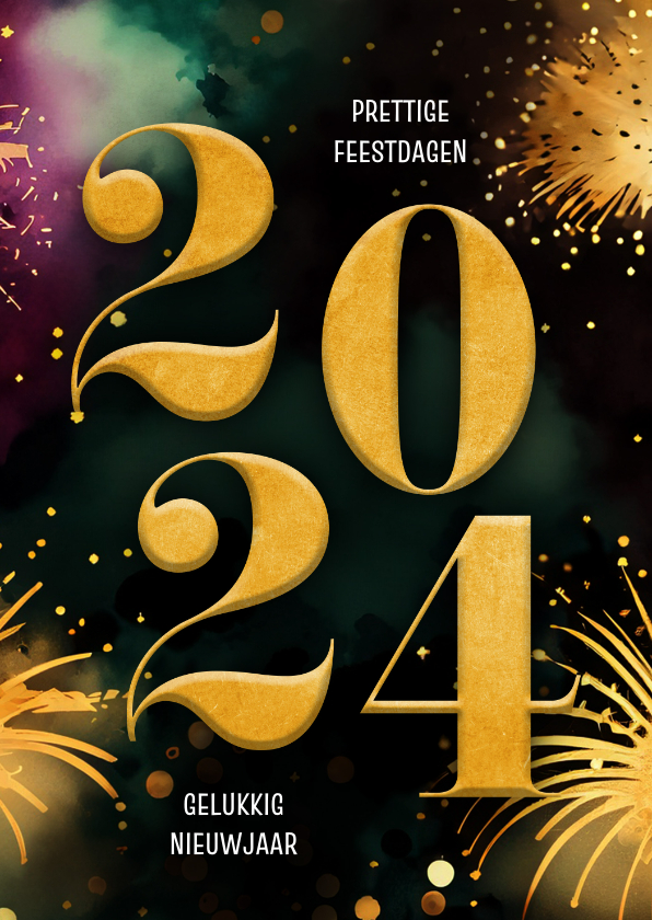 Nieuwjaarskaarten - Nieuwjaarskaartje gekleurd vuurwerk 2024 groot goud