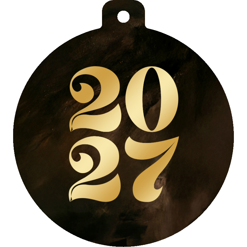 Nieuwjaarskaarten - Nieuwjaarskaartje kerstbalvorm 2027 goud waterverf bruin