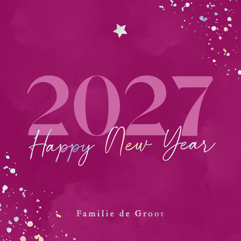 Nieuwjaarskaartje met roze waterverf en groot jaartal - Nieuwjaarskaarten Nieuwjaarskaarten - Nieuwjaarskaartje met roze waterverf en groot jaartal