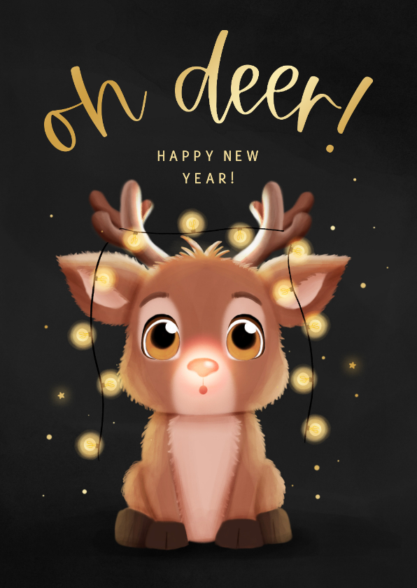 Nieuwjaarskaartje oh deer happy new year rendier lampjes - Nieuwjaarskaarten Nieuwjaarskaarten - Nieuwjaarskaartje oh deer happy new year rendier lampjes