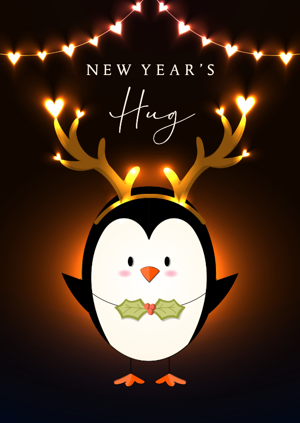 Nieuwjaarsknuffel lief vrolijk lichtgevende hartjes pinguïn - Nieuwjaarskaarten Nieuwjaarskaarten - Nieuwjaarsknuffel lief vrolijk lichtgevende hartjes pinguïn